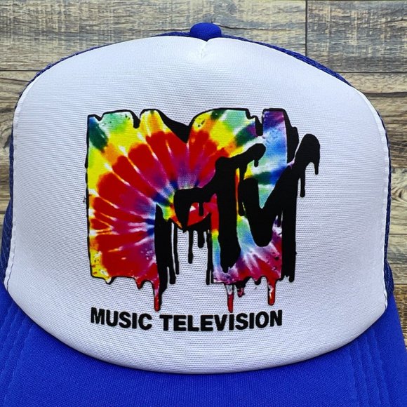 MTV Mens Trucker Hat Blue Snapback Rainbow Tie Dye 90s Television Retro Ball Cap - Picture 3 of 8